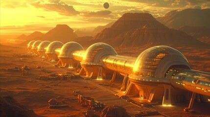 Futuristic martian colony with dome structures at sunset