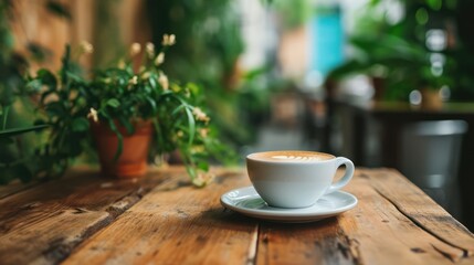 A background featuring a cup of ready-to-drink coffee adorned with a cozy cafe in the backdrop