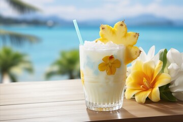 Delicious pina colada cocktail served on a beautiful tropical beach with pineapple with copy space - obrazy, fototapety, plakaty