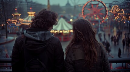 Fototapeta na wymiar Couple enjoying a romantic evening at a festive fairground