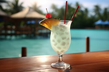 Delicious pina colada cocktail served on a beautiful tropical beach with copy space - obrazy, fototapety, plakaty