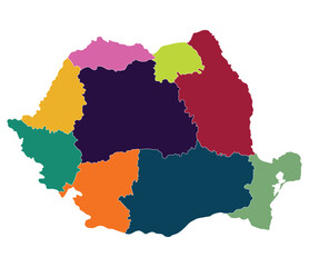 Romania map. Map of Romania in nine mains regions in multicolor