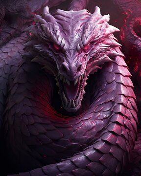 Artistic representation of the Lernian hydra in Greek mythology. Monster with the body of a dragon and the head of a serpent known as the Lerna hydra in conceptual art.