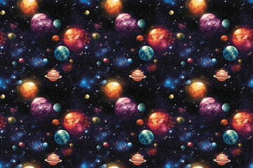 Obraz na płótnie Canvas Celestial Harmony: Planets and Stars on Black Background