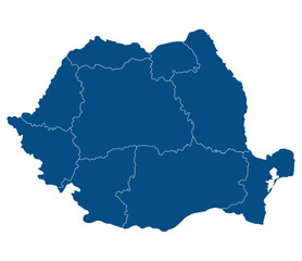 Romania map. Map of Romania in nine mains regions in blue color