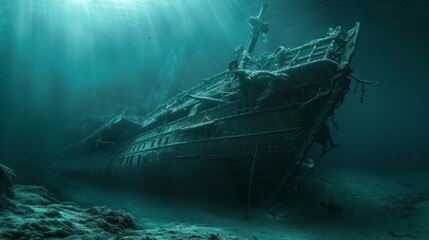 majestic sunken ship in the depths of the sea with good lighting - obrazy, fototapety, plakaty