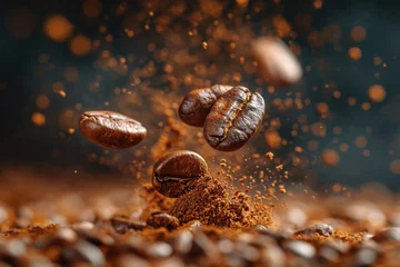 Keuken spatwand met foto Grains de café gros plan ralenti. Coffee beans close-up slow motion. © Jerome Mettling