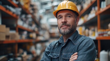 Un homme travailleur, souriant, regardant la caméra dans un magasin de bricolage. A hardworking semi-professional construction man, smiling, looking at the camera, hardware store background.