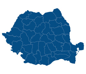 Romania map. Map of Romania in administrative provinces in blue color