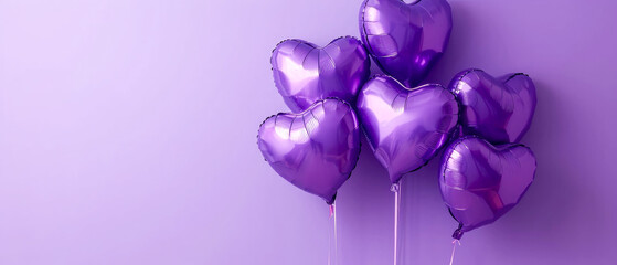 Purple heart shaped balloons on a purple background. Valentine's Day. Birthday card. Holidays background. Generative AI