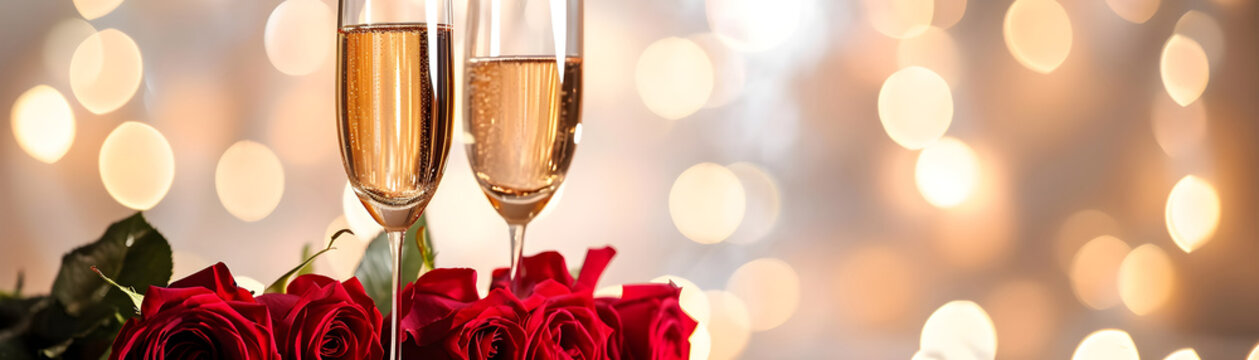 Valentine's Day, wedding, birthday celebration holiday greeting card banner concept - Clinking glasses, sparkling wine or champagne glasses and red roses on table with bokeh lights in the background