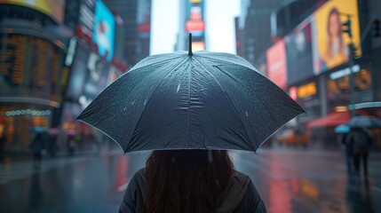 Person with umbrella walking through rainy city streets