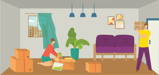 Couple unpacking boxes in new home, woman places decor, man carries box. Moving day, first apartment setup, relocation process vector illustration.