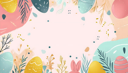 Obraz na płótnie Canvas Happy Easter banner. Trendy Easter design with typography, hand painted strokes and dots, eggs and bunny in pastel colors. Modern minimal style