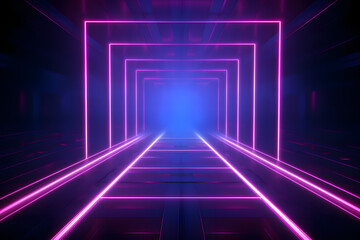 Fototapeta premium Abstract neon light geometric background. Glowing neon lines. Empty futuristic stage laser. Colorful rectangular laser lines. Square tunnel. Night club empty room. Laser show design.