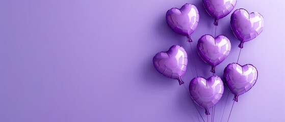 Fototapeta premium Purple heart shaped balloons on a purple background. Valentine's Day. Birthday card. Holidays background. Generative AI