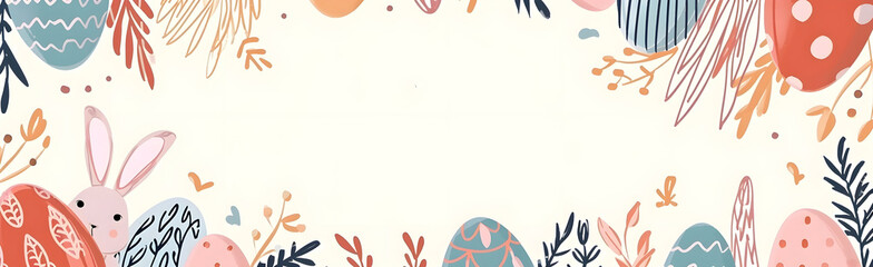 Fototapeta na wymiar Happy Easter banner. Trendy Easter design with typography, hand painted strokes and dots, eggs and bunny in pastel colors. Modern minimal style