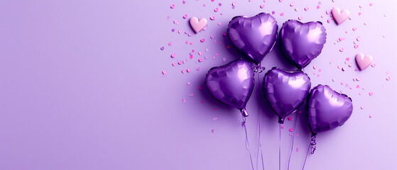 Fototapeta premium Purple heart shaped balloons on a purple background. Valentine's Day. Birthday card. Holidays background. Generative AI