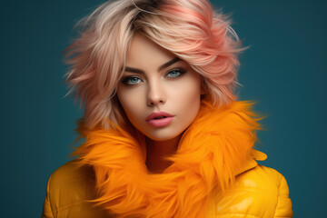 Fototapeta premium Trendy young beautiful fashion model woman with pastel pink hair and a vibrant orange fur collar, exuding confidence and style