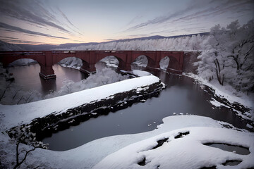 Riverside covered in snow. Generative AI.