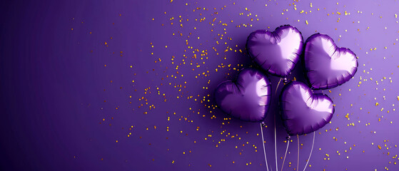 Purple heart shaped balloons on a purple background. Valentine's Day. Birthday card. Holidays background. Generative AI