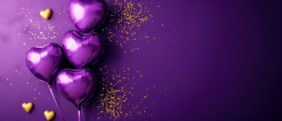 Purple heart shaped balloons on a purple background. Valentine's Day. Birthday card. Holidays background. Generative AI - obrazy, fototapety, plakaty