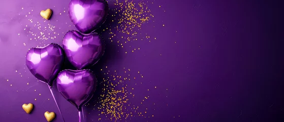 Foto op Canvas Purple heart shaped balloons on a purple background. Valentine's Day. Birthday card. Holidays background. Generative AI © Inai