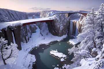 Heavy snow that covered the bridge with snow. Generative AI.