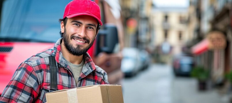 Smiling courier delivering package by van truck to customer s home with red cap and uniform