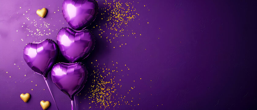 Purple heart shaped balloons on a purple background. Valentine's Day. Birthday card. Holidays background. Generative AI