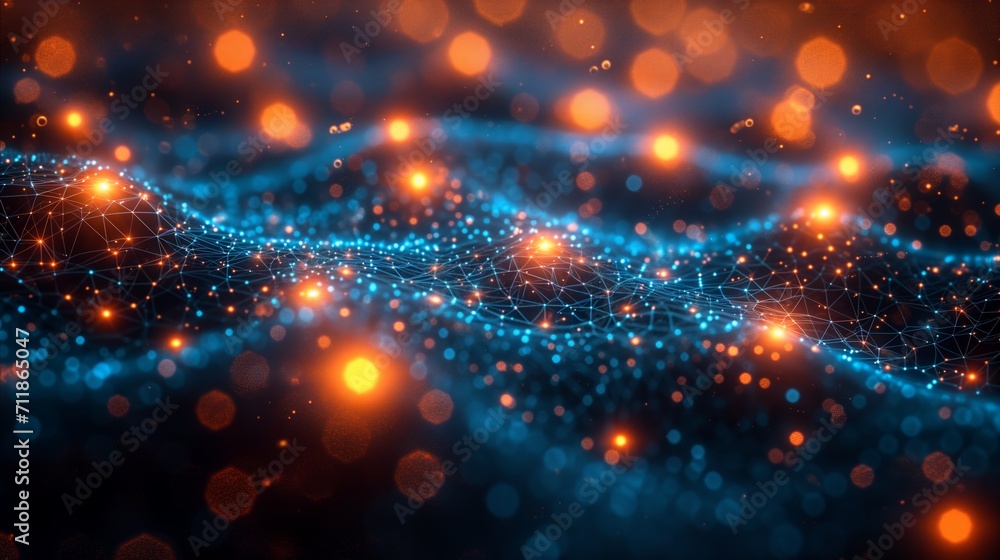 Poster futuristic network of nodes and connections with glowing particles