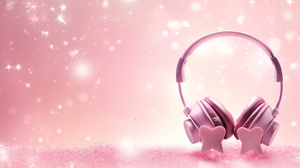 Pink headphones on pink background. Music concept