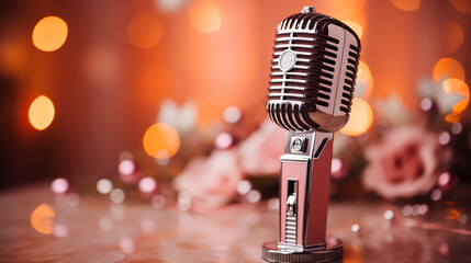 Fototapeta na wymiar Retro classic Microphone with pastel pink background.