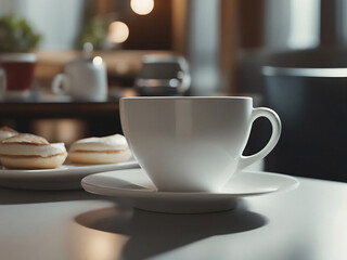 Fototapeta premium Coffee on table in cafe. Coffee in focus, cafe background out of focus. Morning coffee, fresh, aromatic.