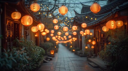 Traditional asian alley adorned with glowing lanterns at dusk - obrazy, fototapety, plakaty