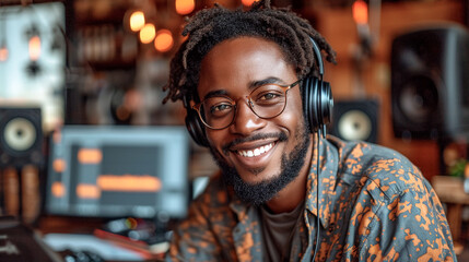 Black American man podcaster make audio podcast with headphones and microphone in modern studio