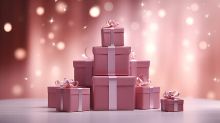 Valentine's Day greeting card design. Pink gift boxes with hearts and glittering on pink background with copy space.