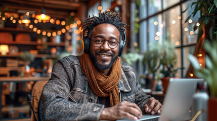 Fototapeta premium Black American man podcaster make audio podcast with headphones and microphone in modern studio 