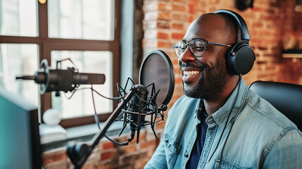 Smiling man podcaster make audio podcast with headphones and microphone in modern home studio.
