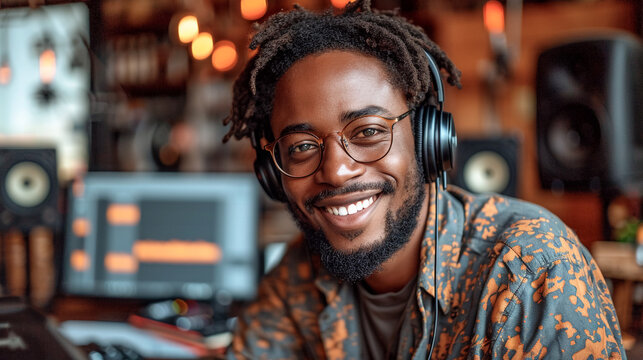 Black American man podcaster make audio podcast with headphones and microphone in modern studio 