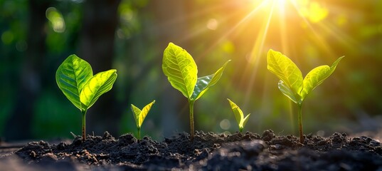 Vibrant seedlings sprouting and thriving from nutrient rich soil in a beautiful garden setting