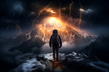 Tourist heading to the top of the mountain, view from the back, snowstorm, lightning. Achieving goals, success, overcoming difficulties