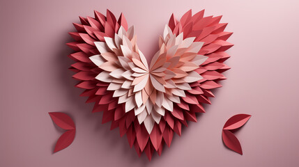 Fun Valentines day festive background in asian style - pink and red paper hearts of folded fans soar on gentle pastel pink color backdrop as sideways border with copy space, top view.
