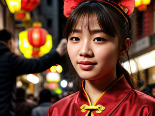 Beautiful young smiling Chinese woman in traditional clothes in red in the background on Chinese...