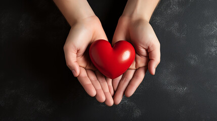 Obraz premium Top view photo of hands holding red heart on black background, healthcare, love, organ donation, mindfulness, wellbeing, family insurance and CSR concept, World Heart Day.