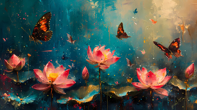 butterfly and lotus flowers