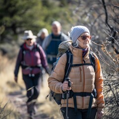 Fototapeta premium Group of smiling elderly women and men walk along the path in a column