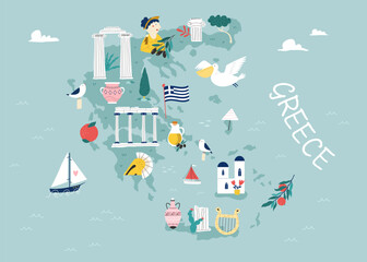 Vector stylized illustrated map of Greece with famous landmarks, places and symbols