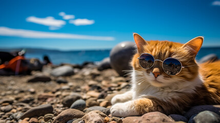 Closeup portrait of funny adorable cat wearing sunglasses isolated on light cyan. Cute funny kitten...
