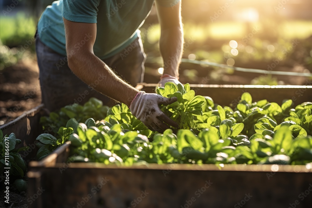 Wall mural a man collects fresh vegetables on a farm. harvesting. farming concept